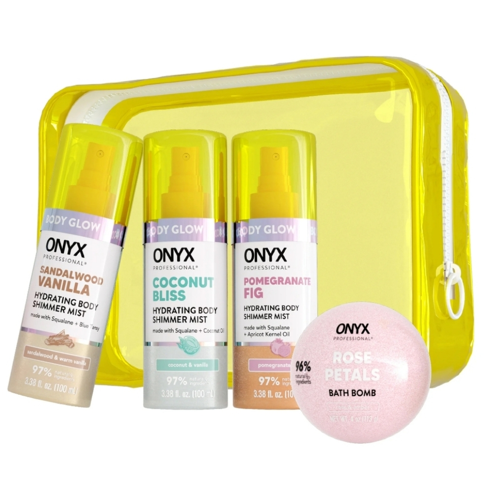 ONYX 5 pc Glow Up Hydrating Body Shimmer Mists Bath Bomb & Travel Bag Gift Set